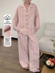Dazy Plus Striped Colorblock Loose Short Sleeve Top & Long Pants Loungewear Set, Pink, Spring/Summer/Autumn, Plus Size Women's Pajama Set - Pink - View 1