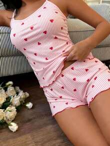 SHEIN Set Piyama Camisole dan Celana Pendek Motif Hati Bergaris untuk Wanita - MultiWarna - View 4