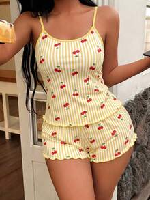 SHEIN Set Piyama Wanita Atasan Cami Motif Garis-Garis Ceri & Celana Pendek - MultiWarna - View 5