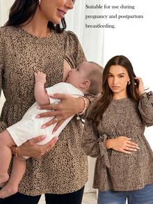 Boho Mama 孕妇休闲哺乳衬衫，孕妇长袖蝴蝶结纽扣衬衫 - 卡其色 - 查看 1