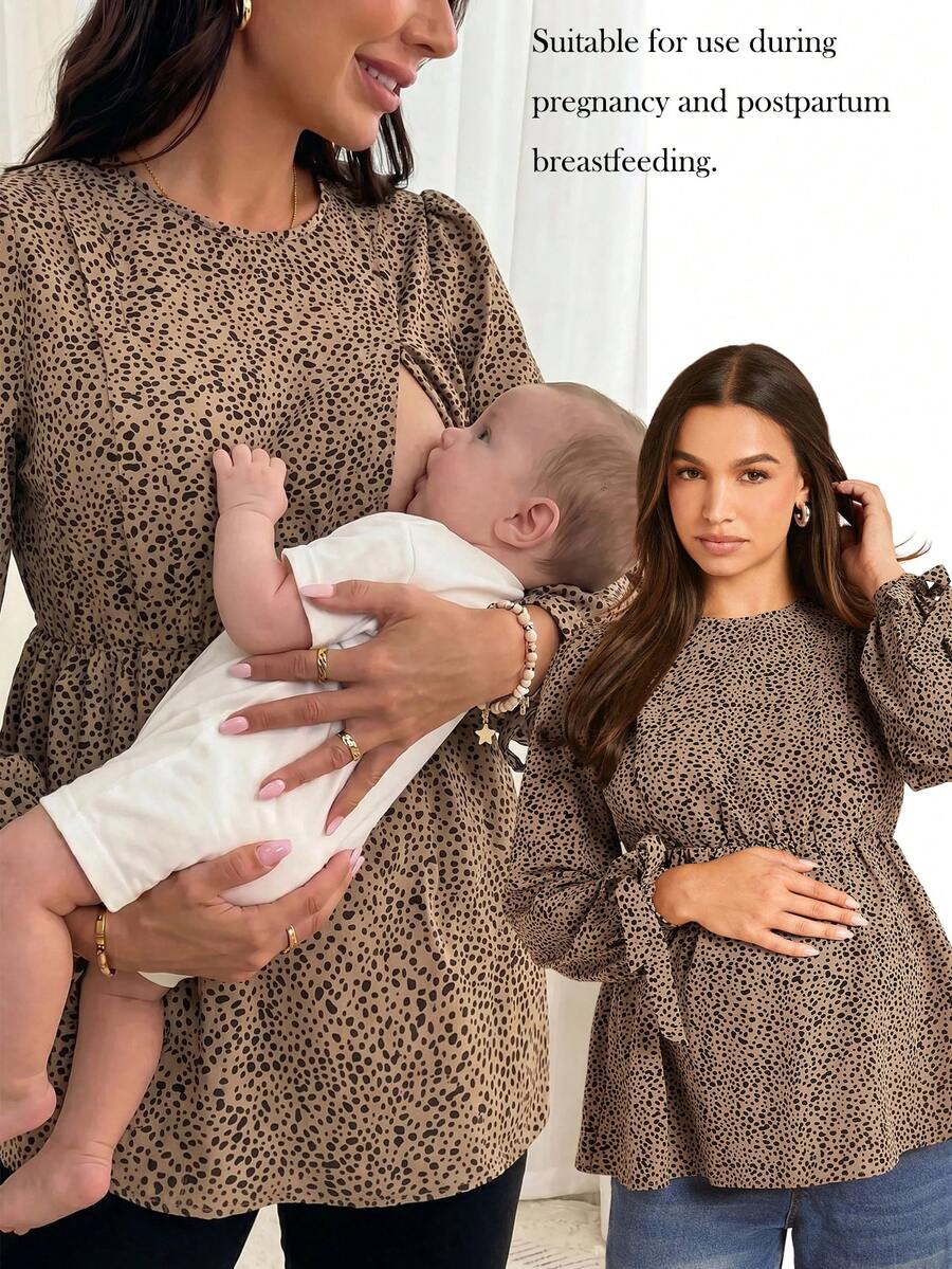 Boho Mama 孕妇休闲哺乳衬衫，孕妇长袖蝴蝶结纽扣衬衫 - 卡其色 - 查看 1