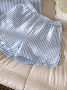 SHEIN Genkimix Kids 2件組女童韓系簡約藍白條紋雙層荷葉袖上衣與寬鬆短褲套裝，夏季休閒穿搭 - 彩色 - 查看 5