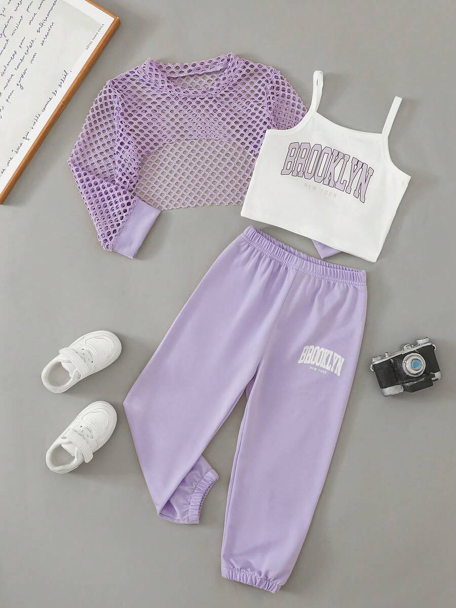 SHEIN 女童 3 件套 透氣網布上衣、白色字母印花背心與長款運動長褲,休閒時尚運動風,秋冬款 - 紫色 - 查看 1