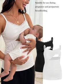 Modmama Maternity Solid Color Lace Trimmed Pleated Slim Fit Nursing Camisole - Multicolor - View 2