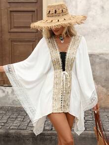 Brillora Women's Lace Patchwork Tie-Front Kimono Cover-Up, Fashionable Beach Vacation - White - View 4