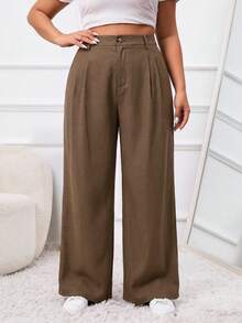 SHEIN PETITE CURVE 大码纯色褶裥腰带宽松西装裤 - 棕色 - 查看 4