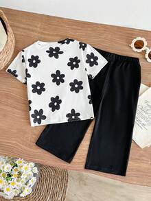 SHEIN 2pcs/Baby Girl's Summer Casual Two Pieces Set: Short-Sleeved Casual Floral Print Patchwork Top With Ribbon Bow And Long Pants - Black - View 2