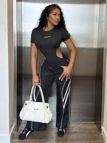 Alexandranx Casual Colorblock Stripe Wide Leg Pants Fall Cloth For Women Black - Black - View 3