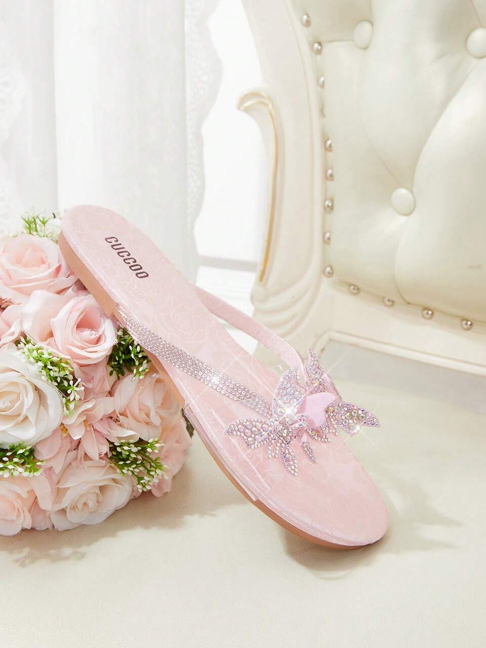 CUCCOO HITCHD Ladies Round Toe Glitter Butterfly Drag Fashionable Generous Elegant Gorgeous One-Pedal Wear Off Convenient And Comfortable Daily Commute Banquet Party Vacation Work Flat Sandals
