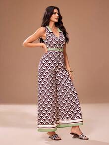 Glamance 幾何色塊印花翻領無袖收腰寬腿連身褲 鼠尾草綠 夏季 花園派對早午餐 優雅復古 80年代與90年代風 - 彩色 - 查看 3