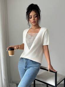 SHEIN Elenzya Women's Spring Summer Autumn Rhinestone Embellished 2 In 1 Knit Short Sleeve Top, Loose Fit, Elegant Commuter, Party Night Out, Deep V-Neck, Off-White - Apricot - View 7