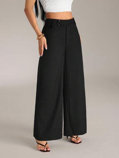 SHEIN PETITE Pantalones rectos de cintura alta negros minimalistas modernos para mujer, pantalones de traje negros, pantalones de cintura alta, pantalones casuales holgados, pantalones de pierna ancha, ropa casual de negocios para mujer, ropa de estilo elegante vintage old money, ropa minimalista urbana cómoda, adecuada para salidas diarias, oficina, negocios, desplazamientos, ocasiones formales