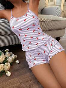Softscene 女款條紋櫻桃印花細肩帶背心短褲睡衣套裝 - 彩色 - 查看 5