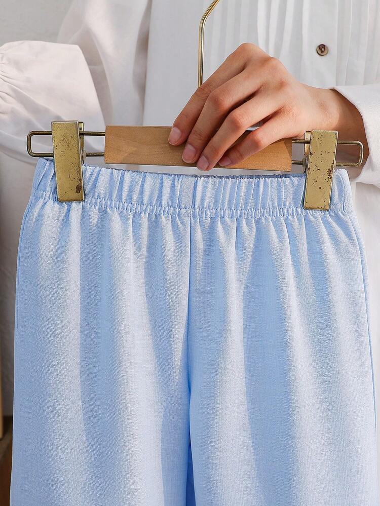 SHEIN 2件組少女甜美可愛公主風草莓印花無袖背心與配套長褲套裝，粉色條紋＋3D草莓刺繡＋荷葉領，適合派對、家庭活動、日常穿著、返校 - 藍色 - 查看 5