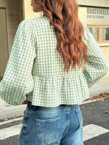 MainGRL Camicetta da donna vintage moderna a quadri bianchi e neri in velluto con maniche a palloncino lunghe e sciolte, con laccio davanti - Menta Verde - Visualizzare 2