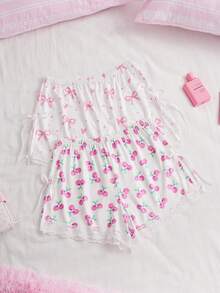 SweetSlumber 2 Peças Shorts Femininos com Estampa de Cereja e Laço, Barra Dividida, Doce e Fofo - Multicolorido - Visão 2