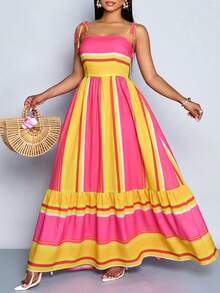 SOLERSUN Plus Size Pink Maxi Dress With Shoulder Straps, Suitable For Vacation, Beach, Commuting, Casual Tropical Wear, Elegant Gown Summer - Yellow - View 5