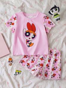 THE POWERPUFF GIRLS X SHEIN Young Girl Cartoon Print Round Neck Short Sleeve Top And Ruffle Hem Shorts Set, Casual Home Wear - Multicolor - View 3