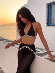 Bonvoyette 3pcs Solid Color Triangle Halter Tie Maxi Skirt Design Women Swimwear Set - Black - View 6