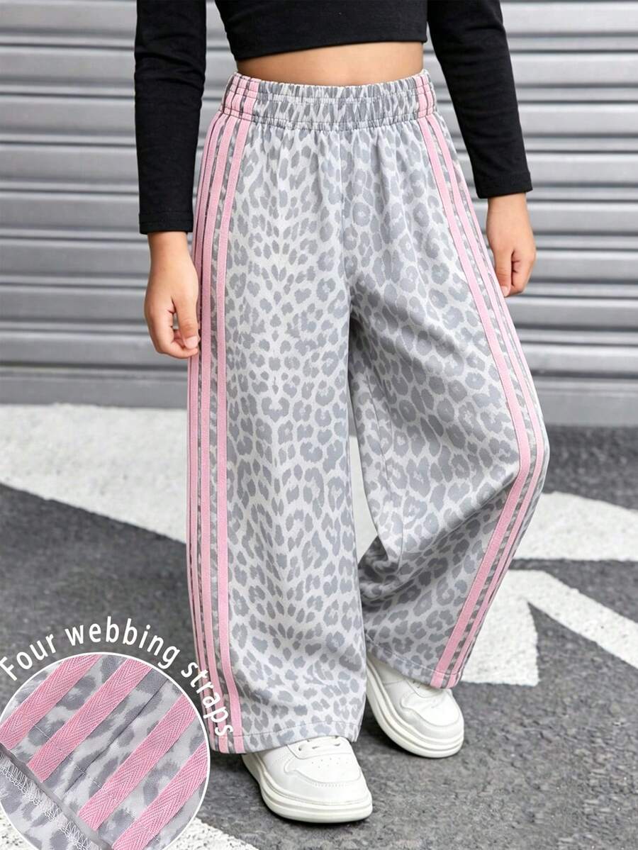 SHEIN Young Girl Leopard Print Color Block Striped Long Pants