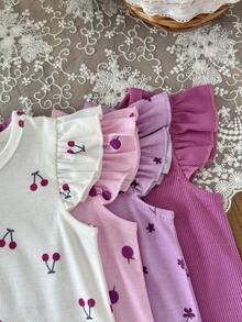 SHEIN 8件組/女嬰0-3歲粉色夏季可愛家庭套裝 純色針織不對稱羅紋短袖背心上衣與短褲套裝 - 彩色 - 查看 6
