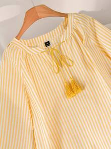 CosyJoli Plus Size Women's Yellow Striped Set, Casual Women's Clothing Short Sleeve Shorts 2 Pieces Set - Yellow - View 6