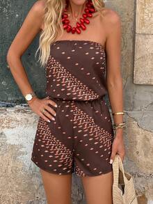 Brillora Vacation Woven Striped Print Bandeau Jumpsuit For Women - Brown - View 17