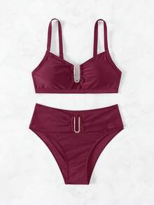 SHEIN Swim 2026 Spring/Summer Women's Burgundy Adjustable Thick Strap Solid Color Gold U-Shape Decor High Cut Bikini Bottom Two Pieces Swimsuit Set - Burgundy - View 6