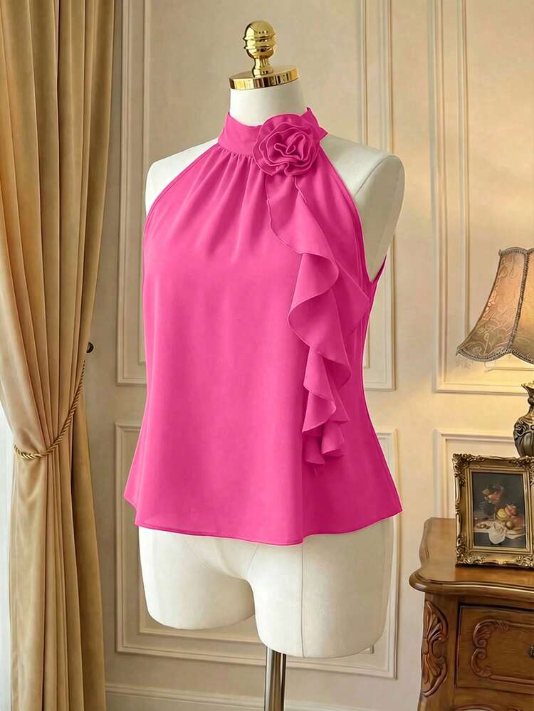 Rometta Plus Size Summer Elegant 3D Floral Ruffle Neck Blouse For New Year Clothes - Hot Pink - View 1