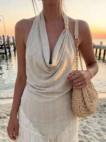 Selianne Spring/Summer Women's Metal Buckle Hanging Collar Asymmetric Hem Tie Back Open Back Elegant Sexy Blouse, Date Vacation Daily Party Top Light Grey - Apricot - View 5