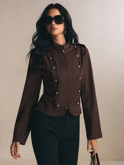 Poéselle Women's Fashionable Elegant Double-Breasted Striped Long Sleeve Jacket Streetwear