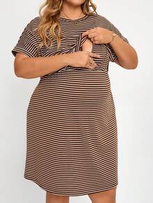 Plussiva Plus Size Striped Round Neck Short Sleeve Pocket Nursing Dress For Pregnant Women - Brown - View 6