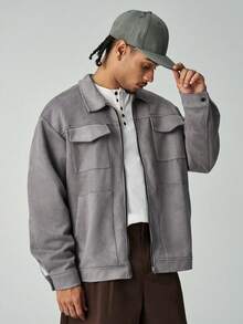 ÉpureWay Herren lässige, locker geschnittene Jacke mit Dropped Shoulder, grau, Reißverschluss-Jacke, grau, Shacket-Modejacke, hellgrau, grau, Jacke, Old Money Stil, Herbst Winter - Grau - Übersicht 4