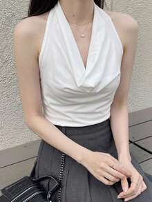 DAZY Summer Sexy Solid Color Cowl Neck Backless Halter Top - White - View 2