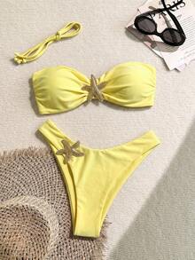 Swim Chiccia Springbreak 簡約純色亮面布料比基尼上衣與 V 型三角褲兩件套（平胸款，附金屬海星飾邊，極簡純色布料） - 黃色 - 查看 1