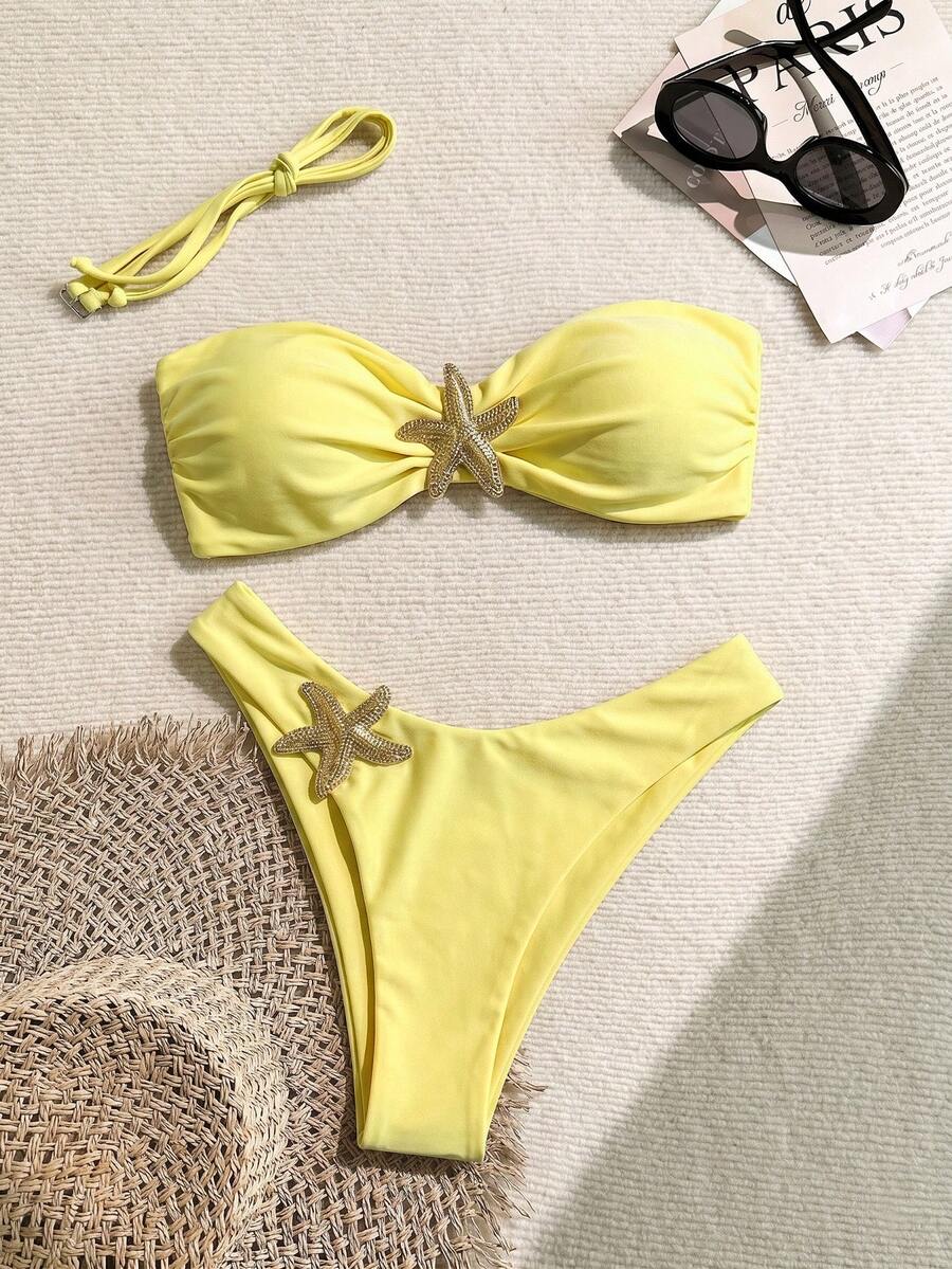 Swim Chiccia Springbreak 簡約純色亮面布料比基尼上衣與 V 型三角褲兩件套(平胸款,附金屬海星飾邊,極簡純色布料) - 黃色 - 查看 1