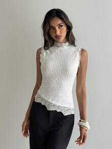 Aloruh Women's Solid Color Stand Collar Lace Patchwork Fashion Sleeveless T-Shirt - Apricot - View 5