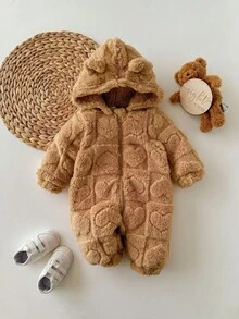Newborn Baby Girl Autumn/Winter Cute 3D Ear Fluffy Zipper Hooded Romper - Mocha Brown - View 7