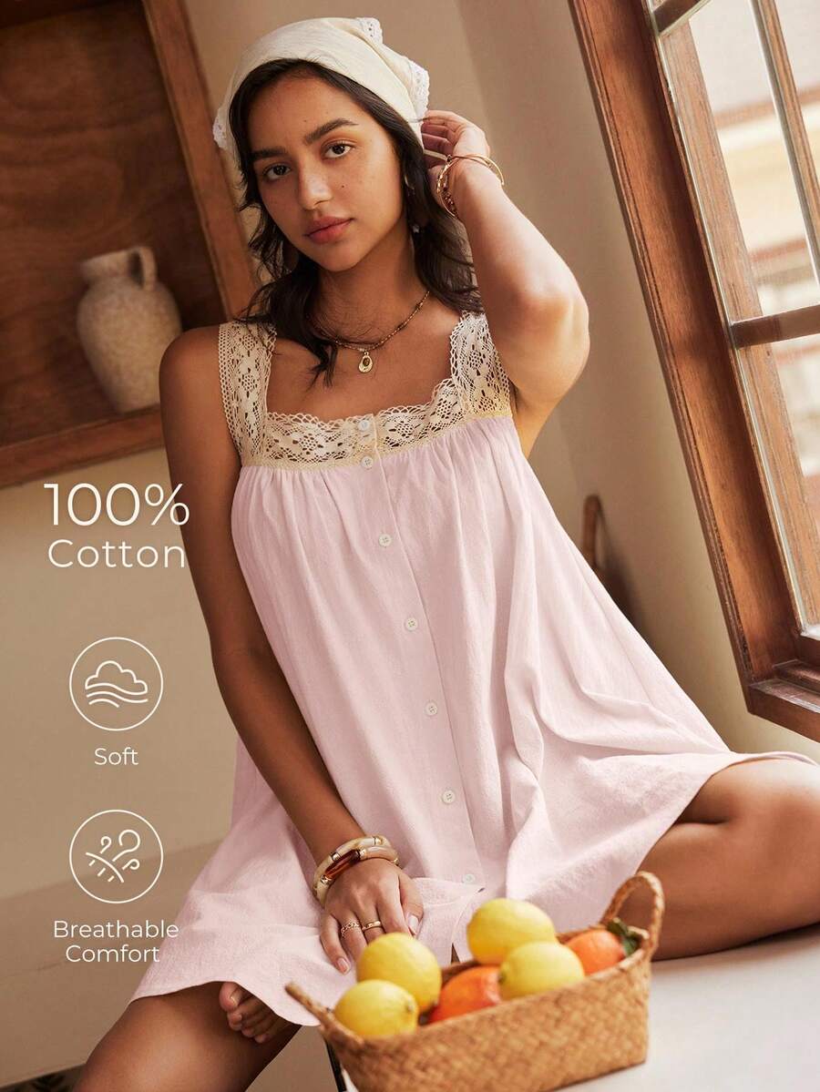 Lullawish 波希米亞風細肩帶女款睡裙 - 粉色 - 查看 1