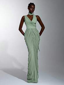 Elitara Elegant Dusty Rose Green Mesh Irregular Neckline Draped Pleated Flowing Ribbon Floor-Length Evening Gown For Wedding Party Formal Occasion - Green - View 2