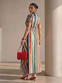 Structelle Red And White Stripe V-Neck Pleated Drawstring Shoulder Strap Flare Long Dress, Elegant Tropical Holiday Suitable For Spring And Summer Garden Party - Multicolor - View 2