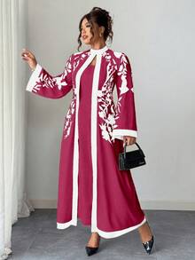 Rometta 大尺碼女款 1件 優雅度假風 印花半高領 喇叭袖 修身長洋裝 - 紅白色 - 查看 7