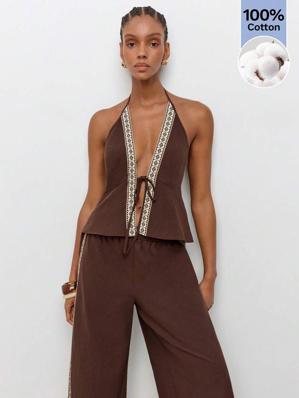 SHEIN Maija 2 Pieces Set Summer Beach Vacation Casual Jamican Comfortable Country Vacation Casual Festival São João Independence Day Beach Brown And White