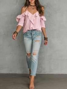 LUMIGAL Women's Solid Color Ruffle Trim Off-Shoulder Short Sleeve Blouse - Pink - View 4