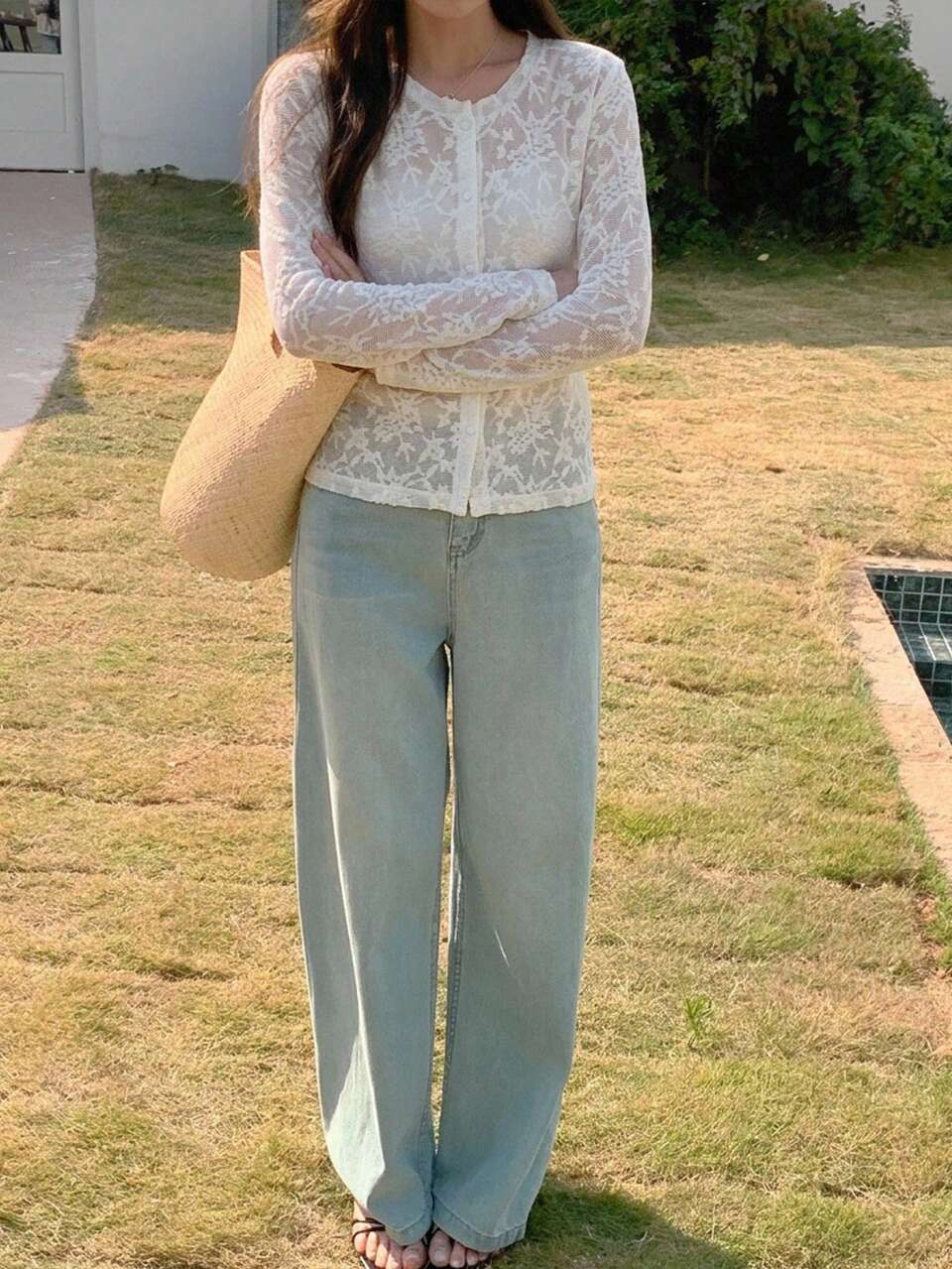 Solid Color Textured Jacquard Fitted Long Sleeve Casual Vacation Summer Women's Top