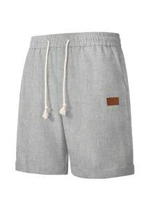 Manfinity Homme 男士彈性腰抽繩皮革拼接成熟休閒街頭風短褲 - 淺灰色 - 查看 4