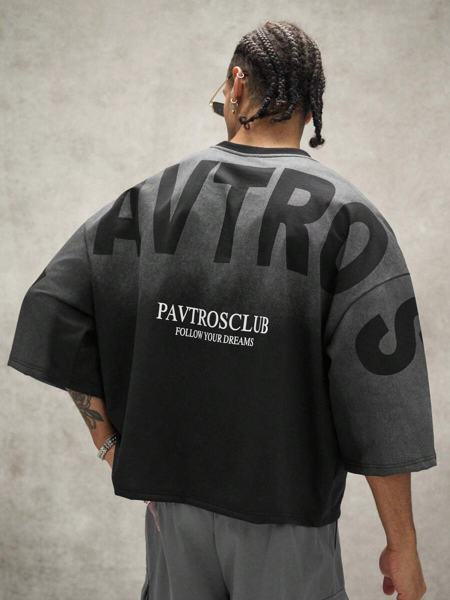 PAVTROS 男士破舊風短版T恤,黑色夏季街頭風度假穿搭,美式寬鬆版型復古上衣,深色休閒款,適合學生與時尚人士 - 黑色 - 查看 1