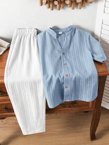 SHEIN 2件組兒童青少年男孩休閒日常舒適立領鈕扣開襟寬鬆短袖襯衫與直筒寬鬆長褲梭織套裝 - 彩色 - 查看 3