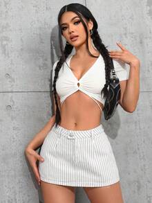 SHEIN Tall 夏季休閒條紋迷你牛仔裙 - 白色 - 查看 5