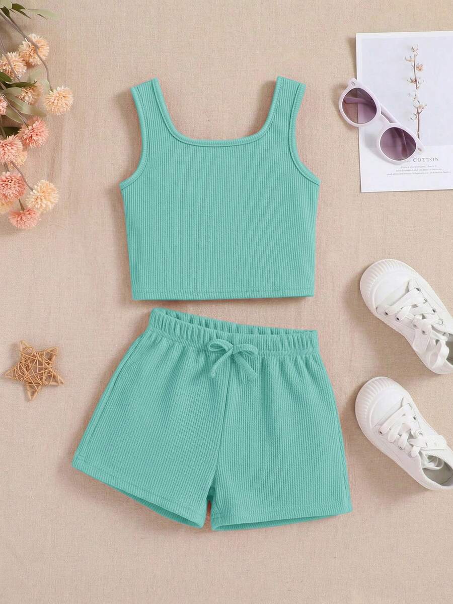 SHEIN 兒童小女孩休閒純色無袖背心上衣與短褲套裝 - 青碧色 - 查看 1